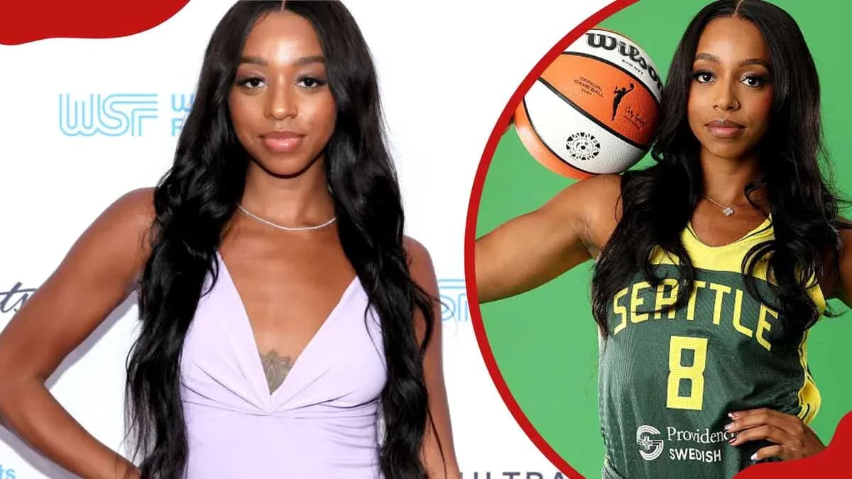 Basketball player posing in team uniform and casual outfit