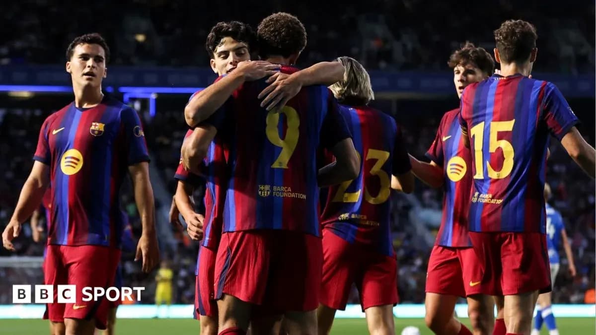 Barcelona players celebrating a goal together
