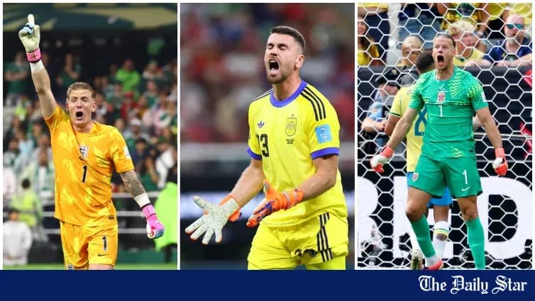 Three goalkeepers celebrating during matches