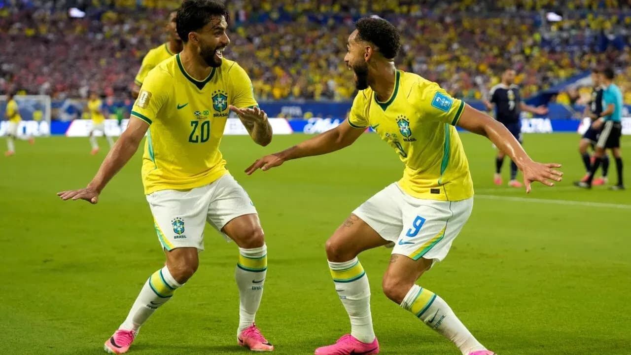 Brazillian players celebrating a goal during match