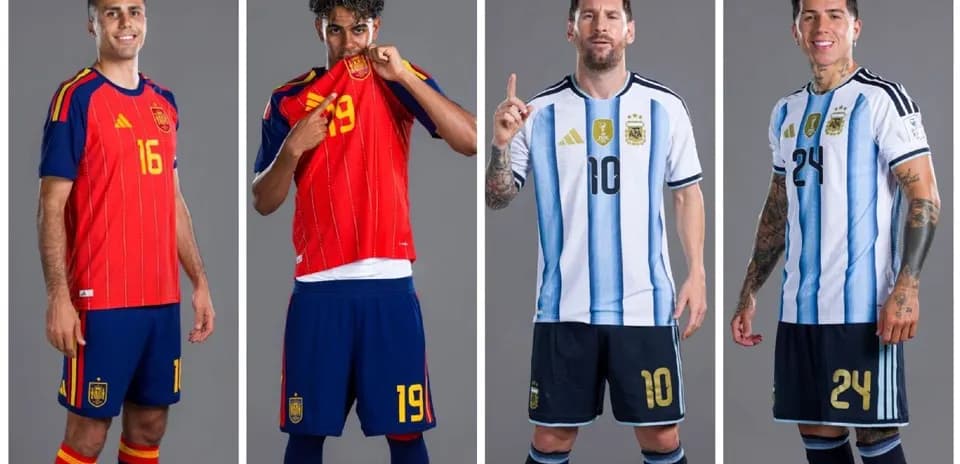 Four football players in national team jerseys