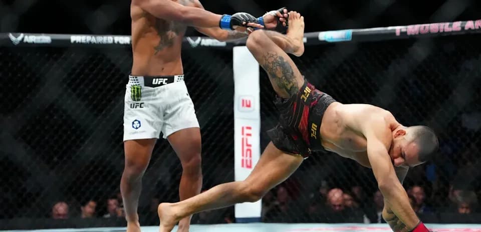 Two fighters engaged in an MMA match in octagon