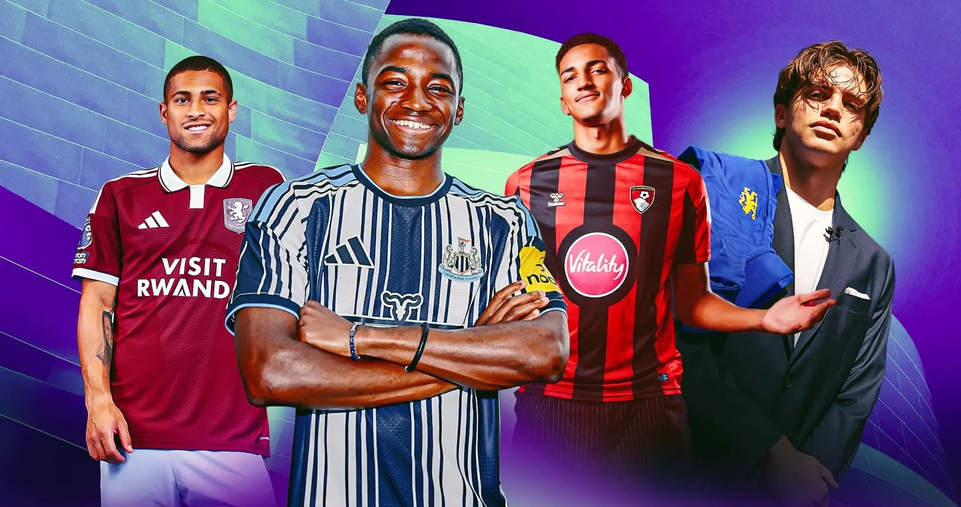 Four football players in club jerseys posing together