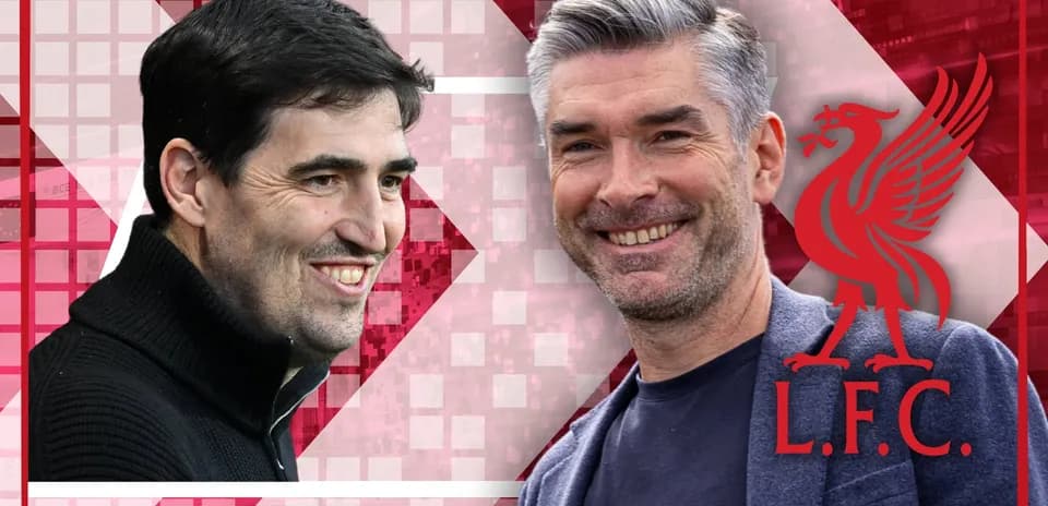 Two football coaches smiling with Liverpool logo background