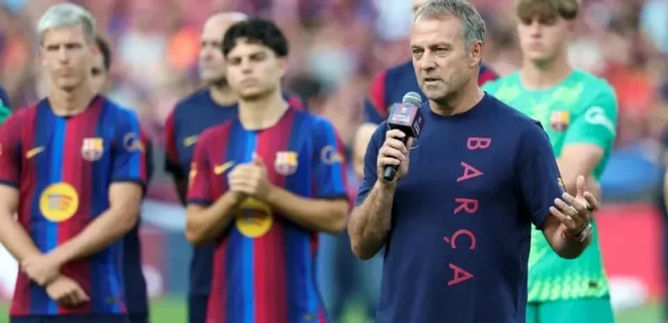 Barcelona coach speaking during team presentation event