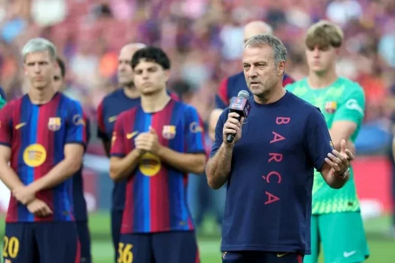 Barcelona coach speaking during team presentation event