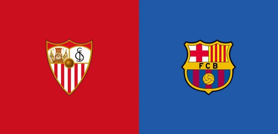 Logos of Sevilla and Barcelona football clubs