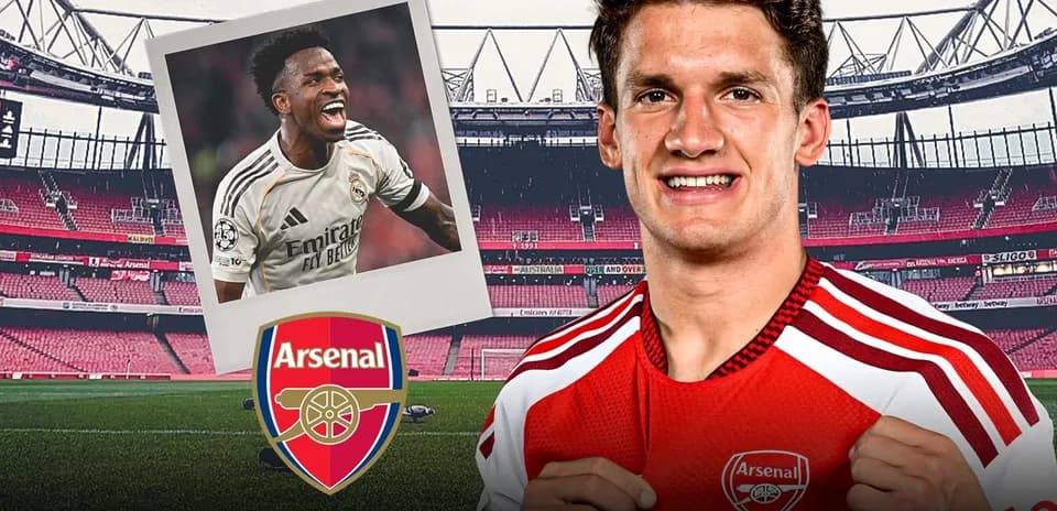 Arsenal player posing with club logo and stadium