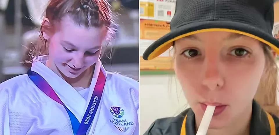 Athlete with medal and McDonald's uniform selfie