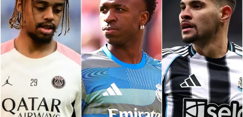 Three football players in club jerseys posing together