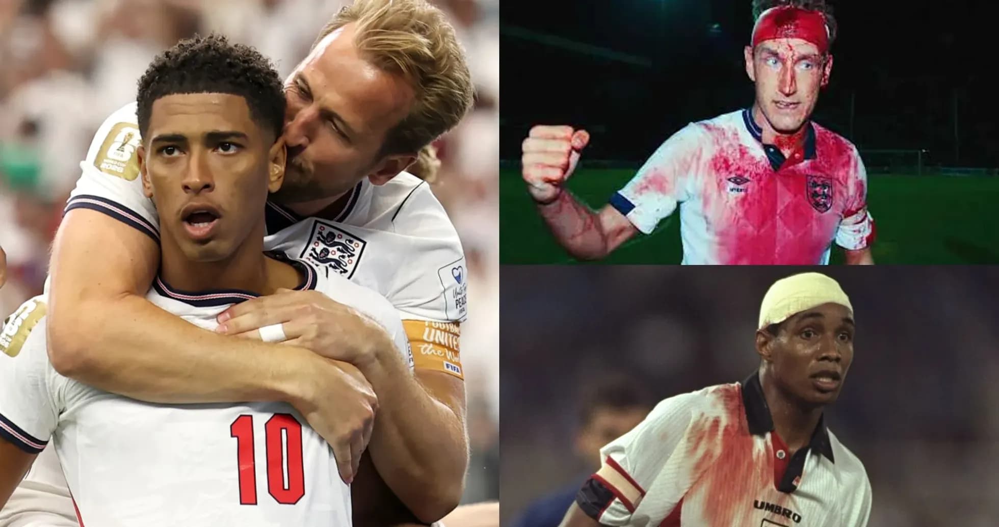 Three England football players in various match moments