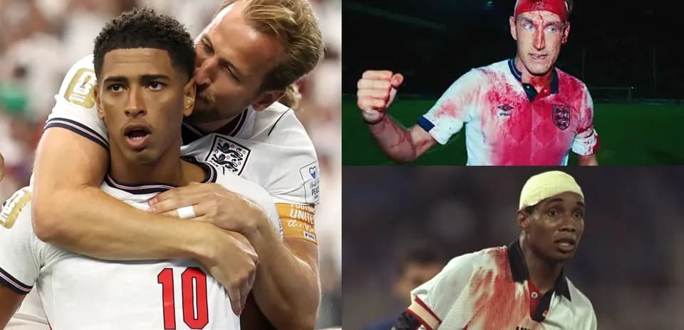 Three England football players in various match moments