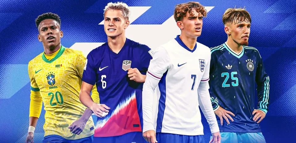 Four young soccer players in national team jerseys