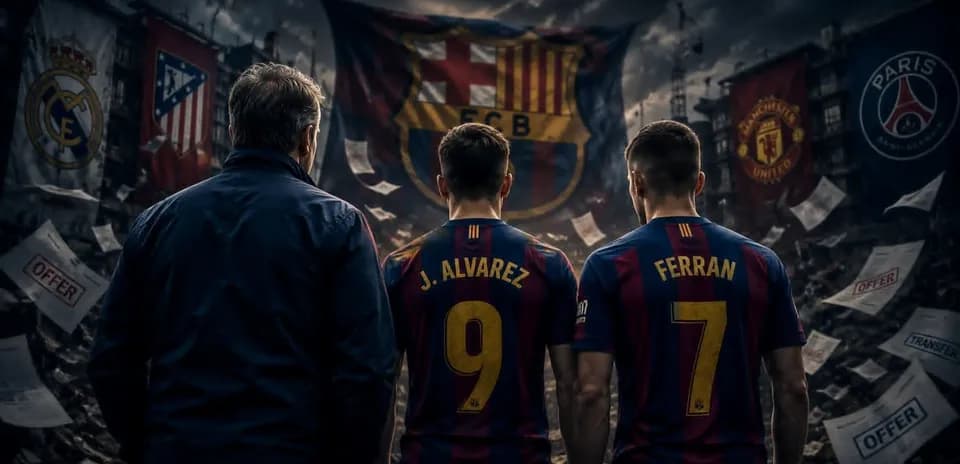 Barcelona players J. Alvarez and Ferran facing banners