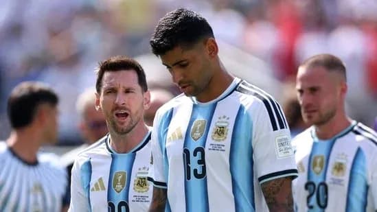 Argentina players during a match, wearing team jerseys