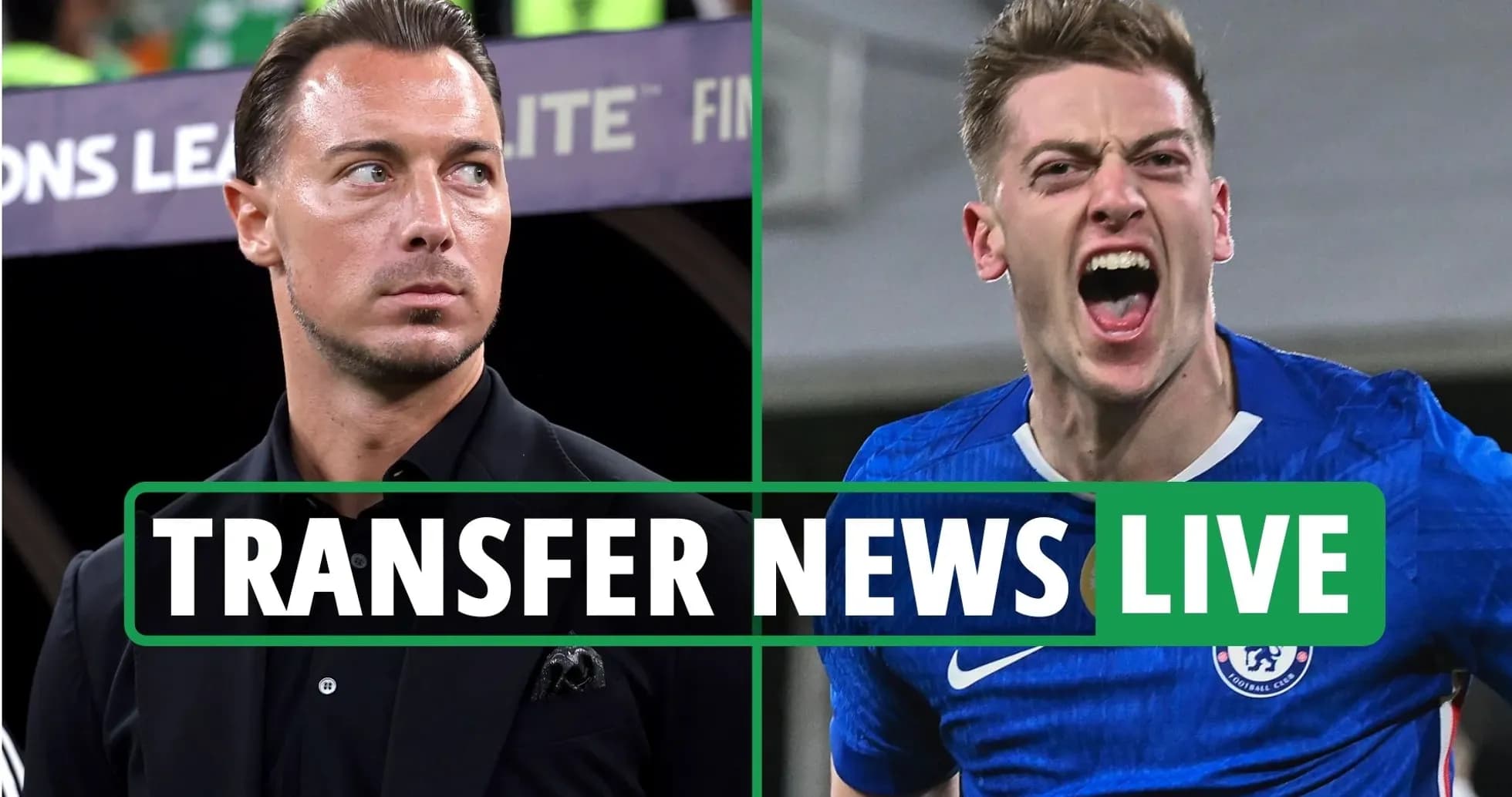 Football coach and player celebrating during transfer news