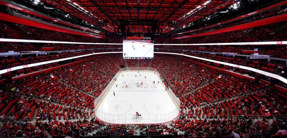 Little Caesars Arena filled with fans during hockey game