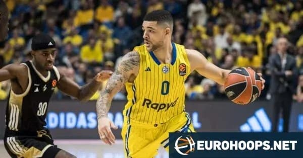 Basketball player dribbling past defender during game