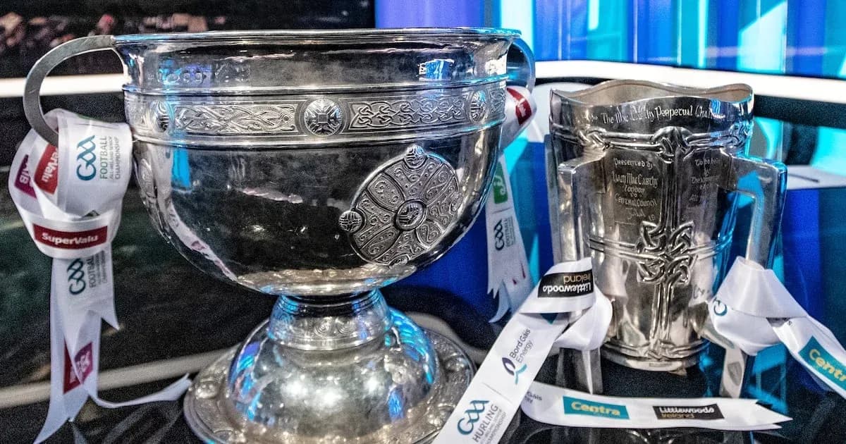 GAA trophies with ribbons on display