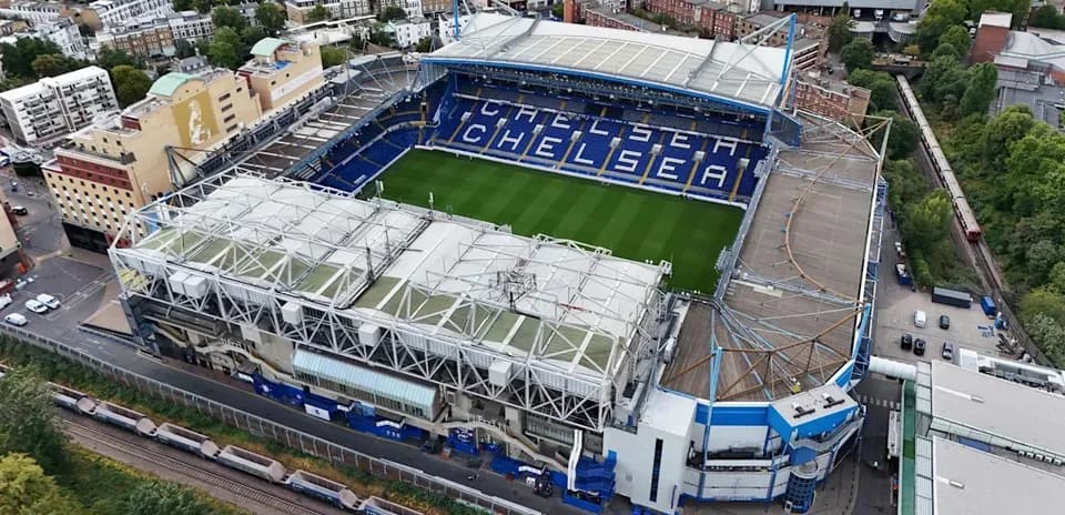 Stamford Bridge stadium with Chelsea branding