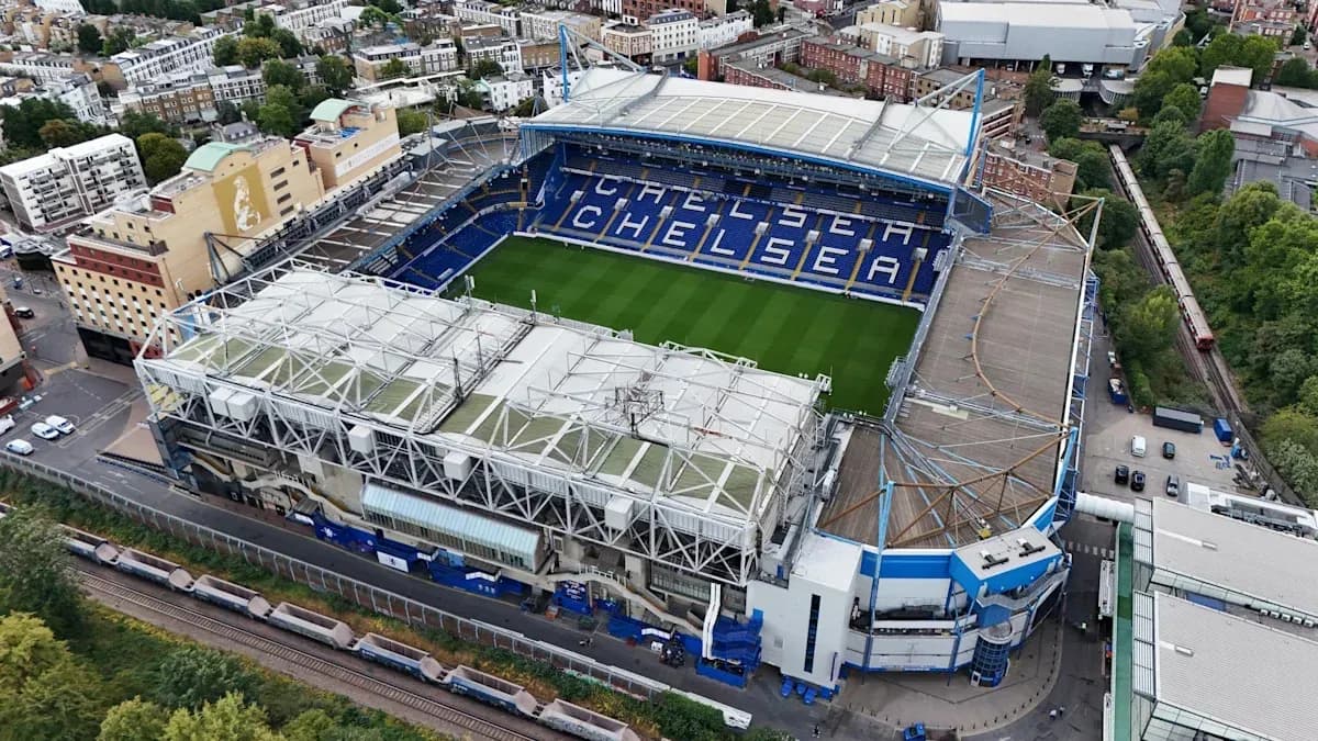 Stamford Bridge stadium with Chelsea branding
