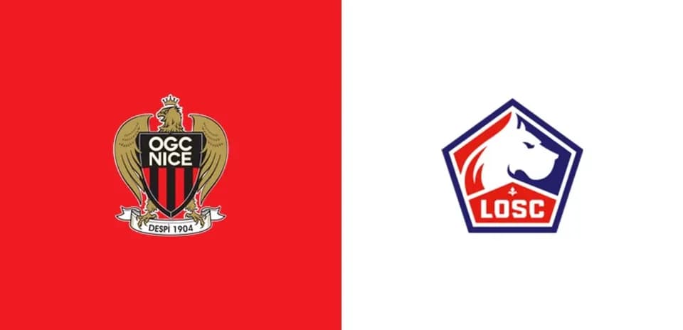 Logos of OGC Nice and LOSC Lille on red and white backgrounds