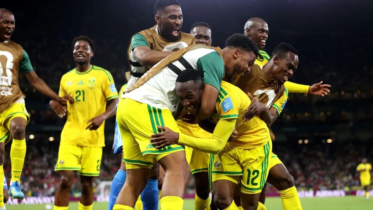 South African players celebrating a goal together