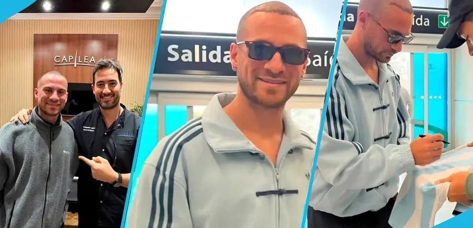 Two men posing at Capilea clinic, one signing shirt