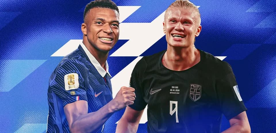 Mbappe and Haaland celebrating in football jerseys