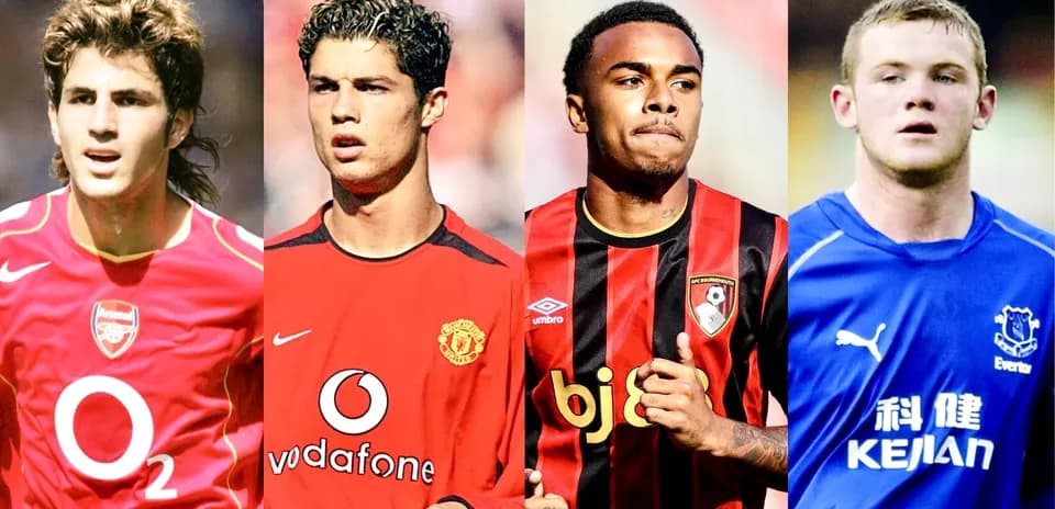 Four football players in club jerseys posing together