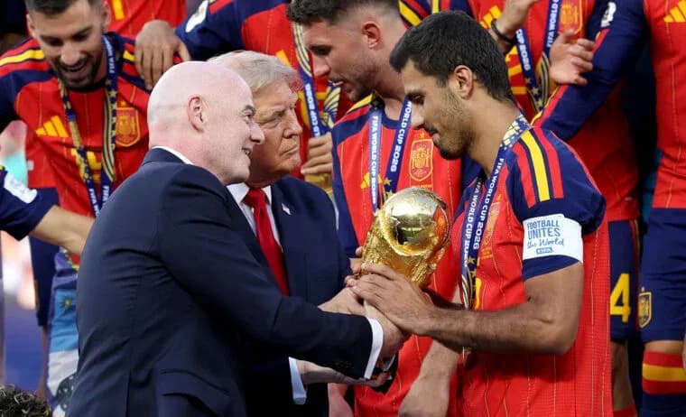 FIFA World Cup trophy presentation to Spanish player