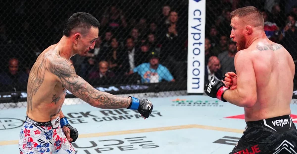 Two fighters exchanging punches in the octagon