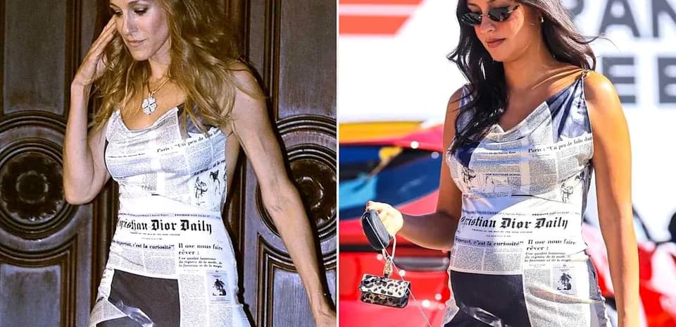 Two women wearing newspaper print dresses outdoors