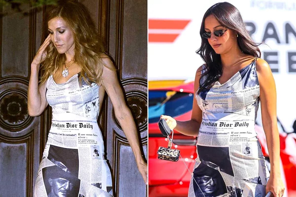 Two women wearing newspaper print dresses outdoors
