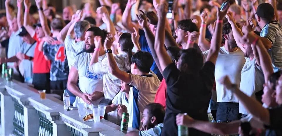 Fans celebrating at a sports viewing event