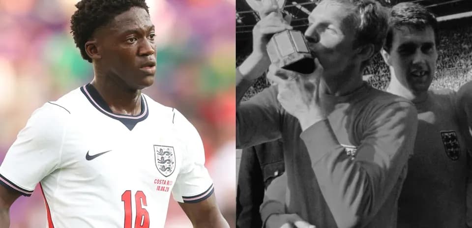 Young player in England kit and historic trophy celebration