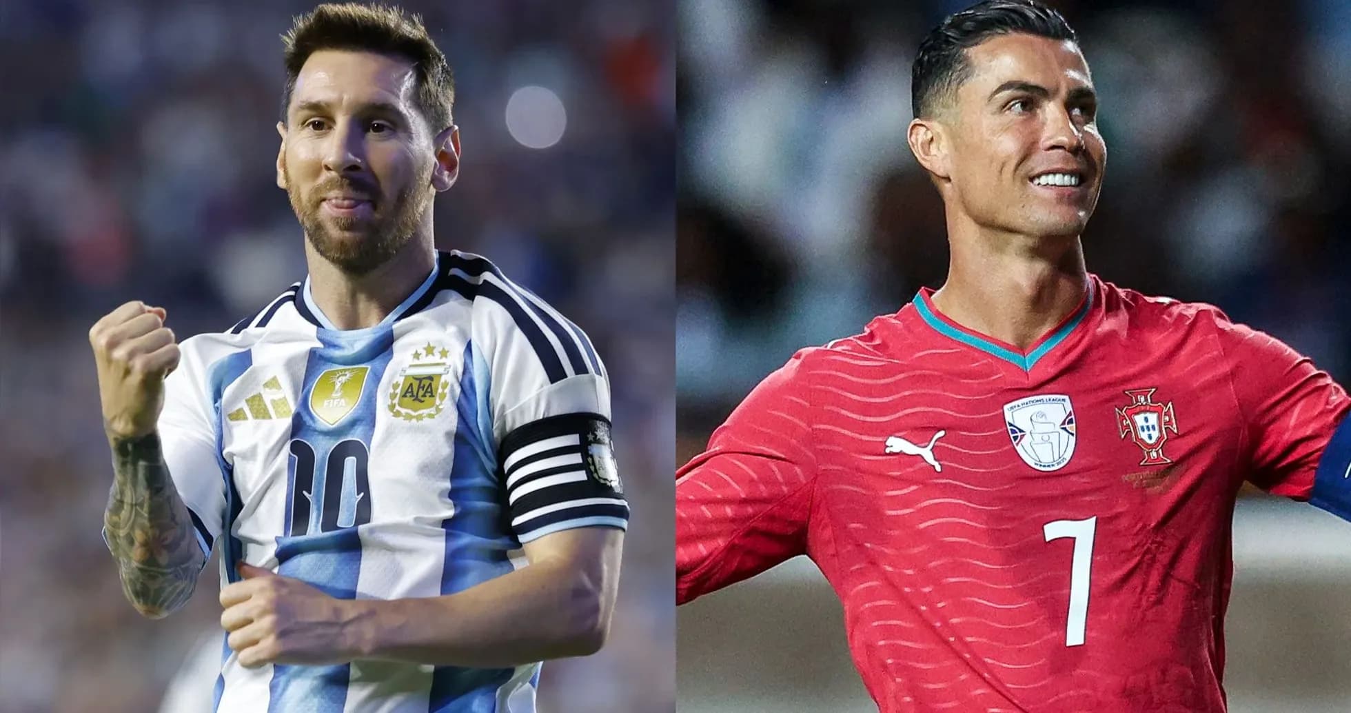 Lionel Messi and Cristiano Ronaldo in team jerseys