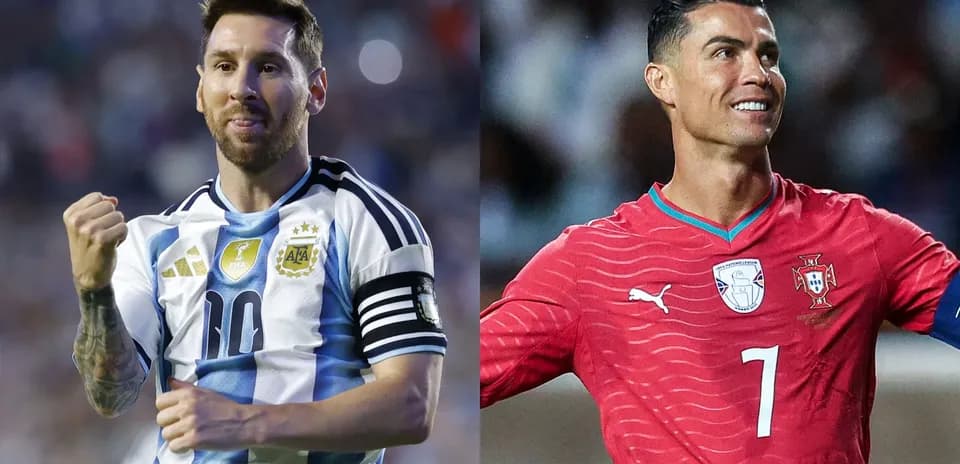 Lionel Messi and Cristiano Ronaldo in team jerseys