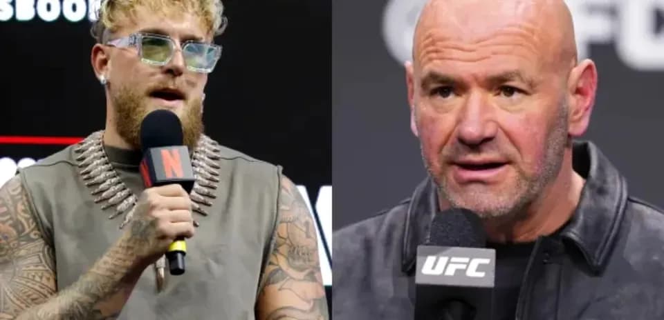Jake Paul and Dana White speaking at press conference