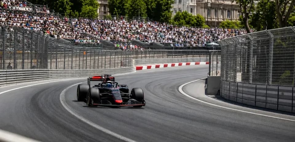 Formula 1 car racing on a curved track