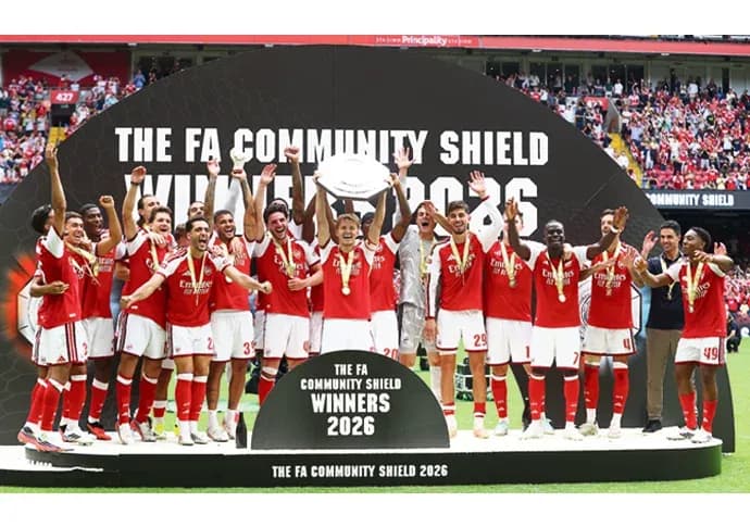 Arsenal players celebrating FA Community Shield victory 2026