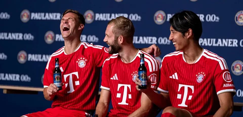 Bayern Munich players posing with drinks during photoshoot