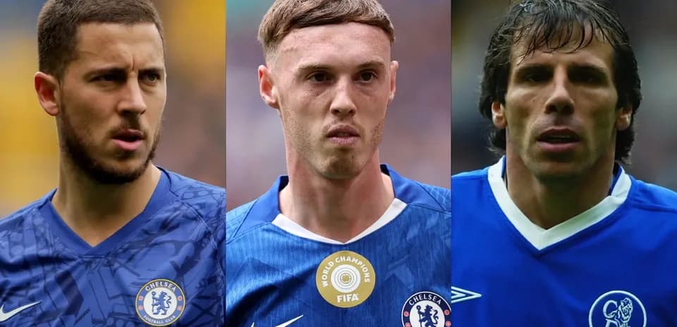 Three Chelsea players in blue kits, focused expressions