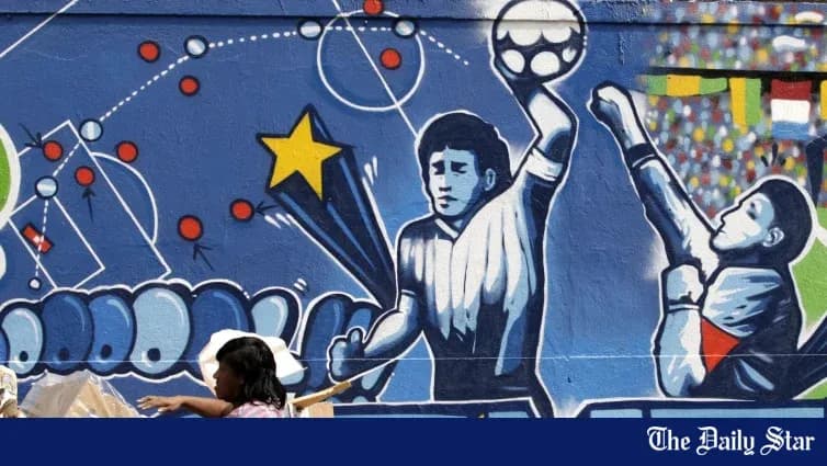 Mural depicting football players in action