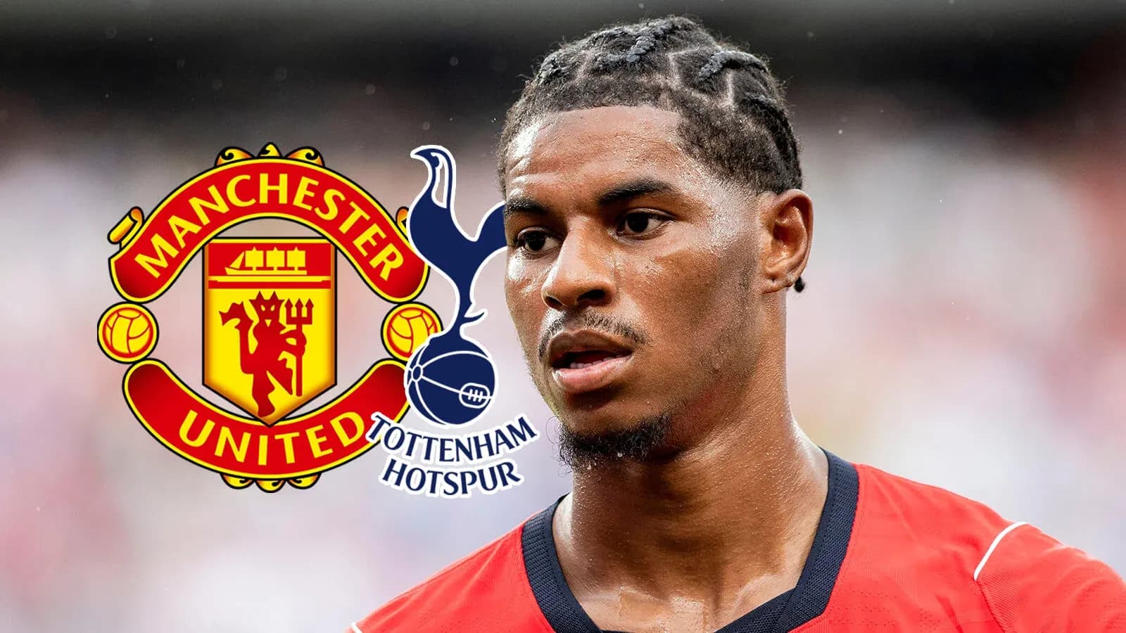Futbolchi Manchester United va Tottenham Hotspur logotiplari bilan