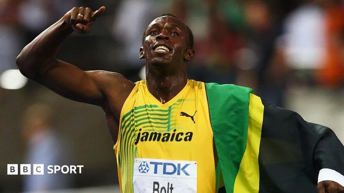 Usain Bolt celebrating after winning a race