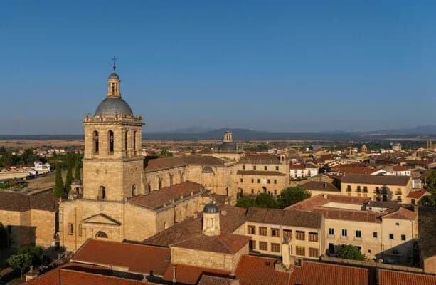 Aerial view of historic buildings and towers
