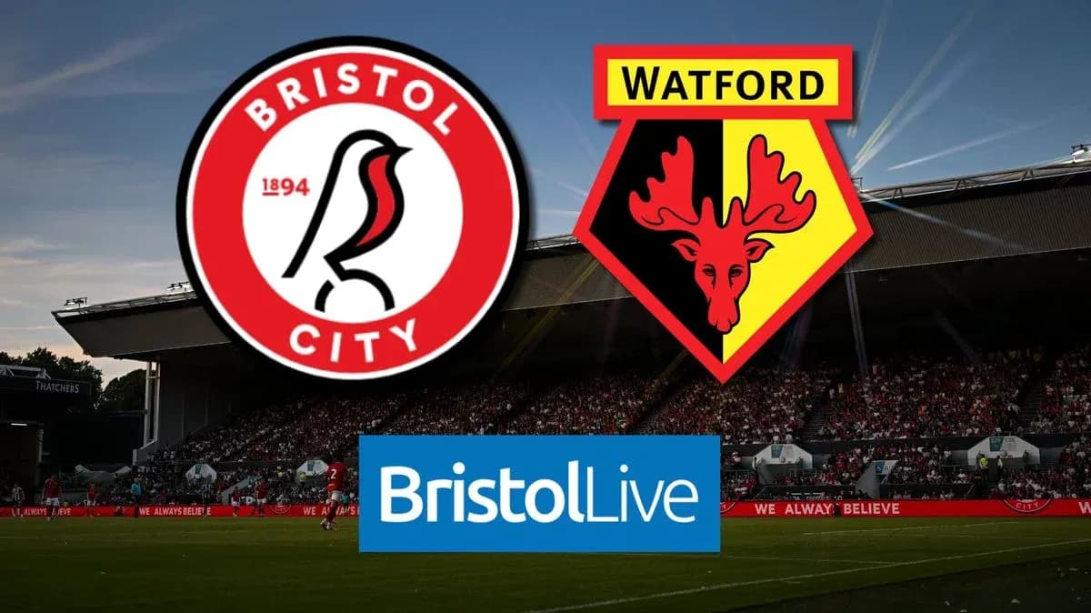 Bristol City and Watford logos with stadium background