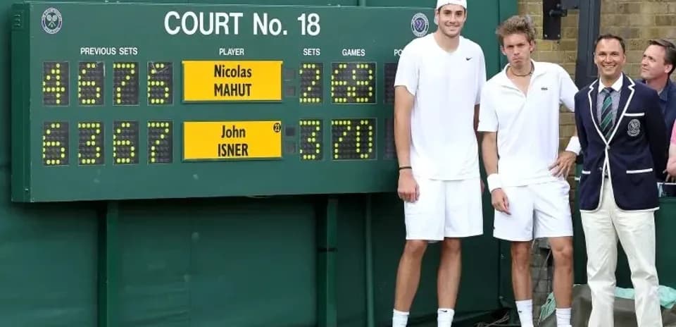 Players with scoreboard at Wimbledon Court No. 18