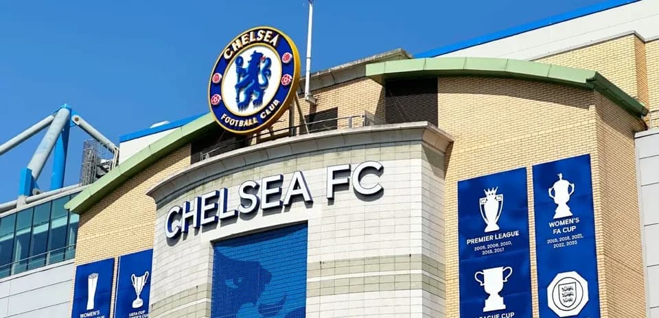 Chelsea FC logo displayed on stadium facade